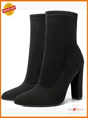 Suede Sock Booties Chunky Heel Pointed Toe Ankle Boots Elastic Zipper